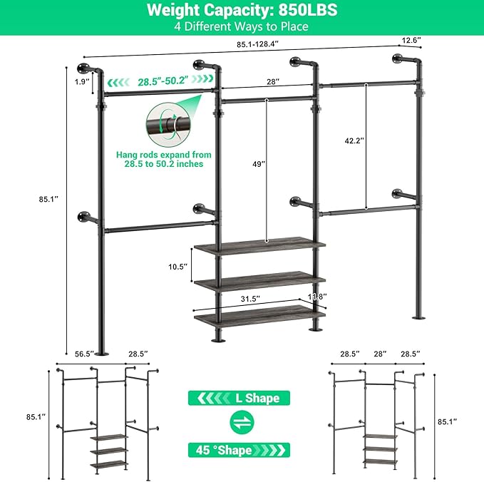 Aheaplus Expandable Industrial Pipe Clothing Rack, 7.3-10.9Ft Wall Mounted Closet System, Reversible L Shaped Clothes Rack for Hanging Clothes,Heavy Duty Corner Wardrobe Closet Garment Rack, Black Oak