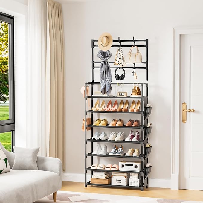 Shoe Rack 7 Tier Shoe Organizer Storage 21-28 Pairs | Closet Shoes Rack for Front Door Entrance Shoe Rack Organizer with Hooks Side Pocket Entryway Large Capacity Shoe Shelf Tower