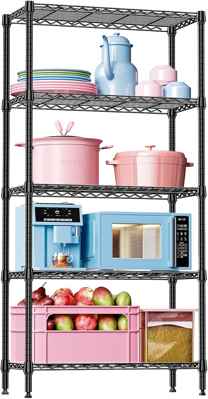 IZEUK 5 Tier Black Metal Storage Shelves, Heavy Duty Adjustable Wire Shelving Rack for Garage, Kitchen, Bathroom, Closet Organizer, 1250 lbs Capacity, 15.7" D x 33.5" W x 68.5" H