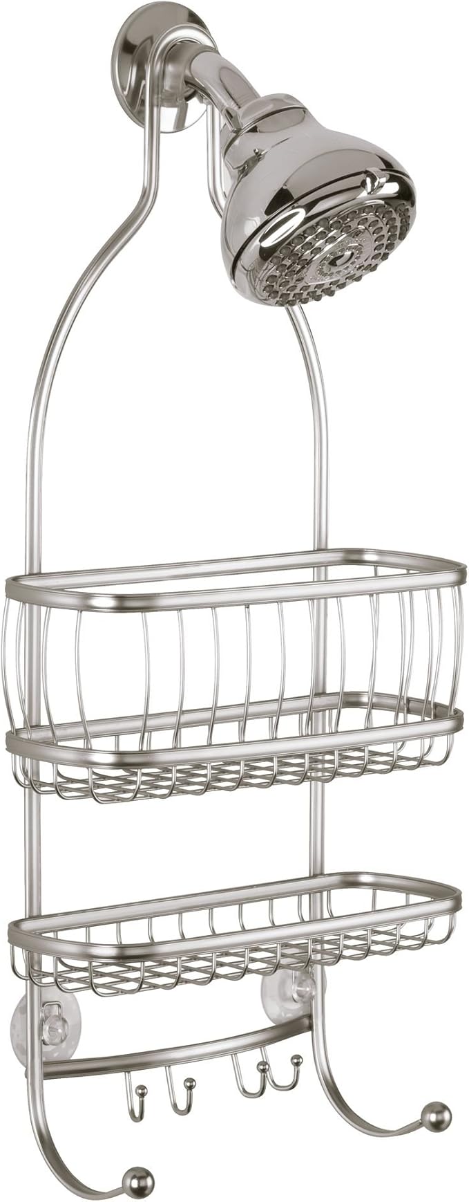 iDesign York Metal Wire Hanging Shower Caddy, Satin Silver | Extra Wide Space, 9.75" x 4" x 22", Hooks for Razors, Towels, For Shampoo, Conditioner, Soap