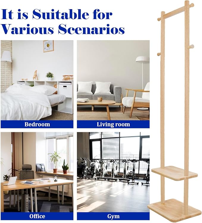 Wooden Coat Rack Freestanding,Hall Tree with Sturdy Base,Clothing Rack for Hanging Clothes,Small Clothes Rack with 3 Storage Shelves,Space Saving for Entryway, Hallway, Bedroom (Natural)