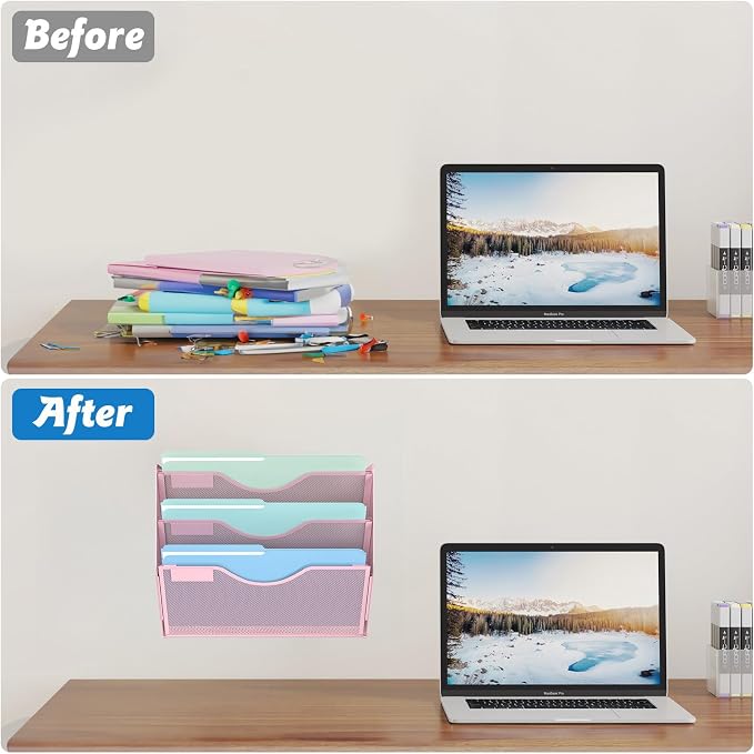 Gawerk 3 Tier Hanging Wall File Organizer, Mesh Mail Paper Orgnization Hanging File Folder Holder for Home Office, Pink