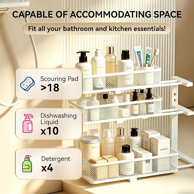 2 Pack 3 Tier Under Sink Organizer with Pull Out Drawer, Height Adjustable Heavy Duty Metal Under Cabinet Organizer, Smooth Sliding Storage Shelf for Kitchen, Bathroom Cabinet Organization, White