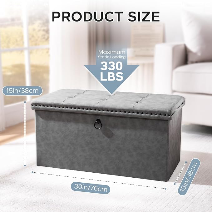 oakvivo 30 Inches Folding Storage Ottoman Bench, Leather End of Bed Foot Rest Stools with Button Tufted Rivet Design, Ottoman with Padded Seat for Bedroom, Living Room, Entryway, 330 lb, Grey