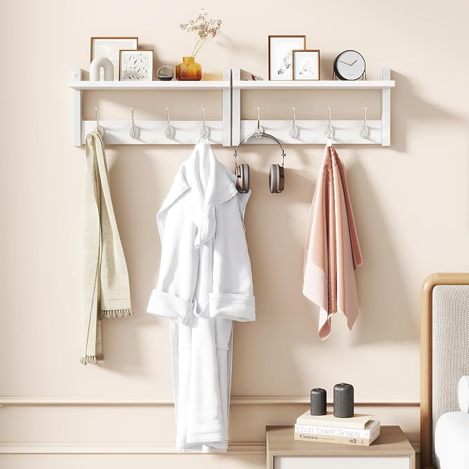 YMYNY Coat Rack Wall Mount with Shelf and Hooks, White UHWS001W-2 | 2 Pack Wooden Wall Mounted Coat Hanger with Shelf and 8 Double Hooks, Wall Coat Rack for Entryway Hallway Bedroom Bathroom