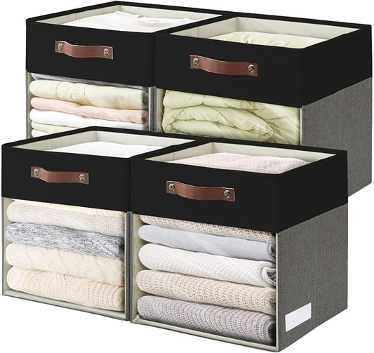Storage Cubes, 4 Pack Linen Foldable Storage Bins with Clear Window and 2 Handles, 13x15x13 Storage Cube Bins for Shelf Closet, Kallax, Clothes, Books - (Gray / Black)