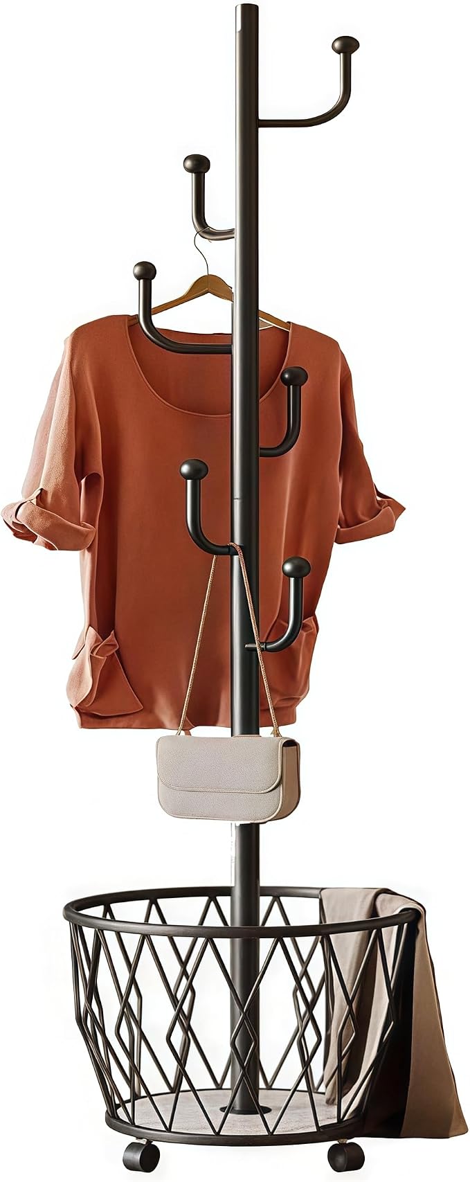 Black Moveable Cactus Metal Coat Rack with Basket Freestanding 65" | Modern Organizer for Scarf Jacket Hat Bags Ideal for Home Entryway Bedroom Corner Stable
