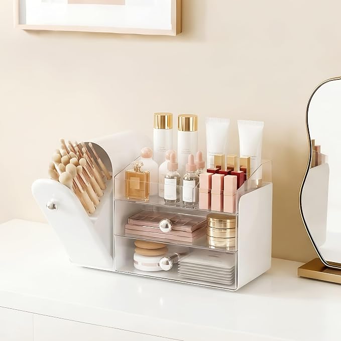 lurcns Makeup Organizer with Dustproof Brush Holder for Vanity, Large Cosmetics Organizer and Bathroom Countertop Skincare Storage with 2 Clear Drawers for Lipstick, Perfume, Eyeshadow Palettes,White