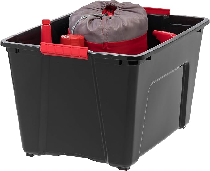 IRIS USA 4-Pack 54 Quart Storage Bins with Lids, Black | Black finish conceals stored items. Perfect for moving, blankets, clothing, and garage storage. Nestable design saves space