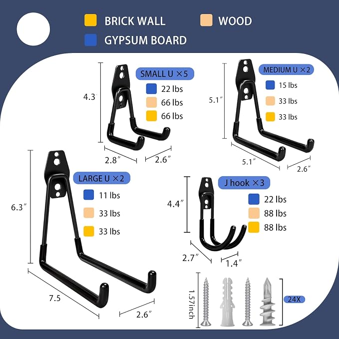KOFANI Garage Hooks Heavy Duty 12 Pack Anti-Slip Wall Storage Hooks | Wall Hooks Geavy Duty for Hanging Bike, Ladder, Garden Tools,Broom,Hose,Anti-Slip Coating Garage Wall Organization