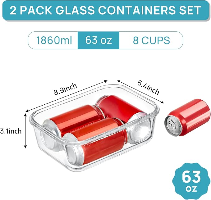 Vtopmart 2Pack 1860ml/63oz Large Glass Storage Containers With Lids, Blue | Meal Prep Food Container Set with Snap Airtight Lid, For Baking, Microwave, Oven, Leak Proof, Freezer, Dishwasher, BPA Free