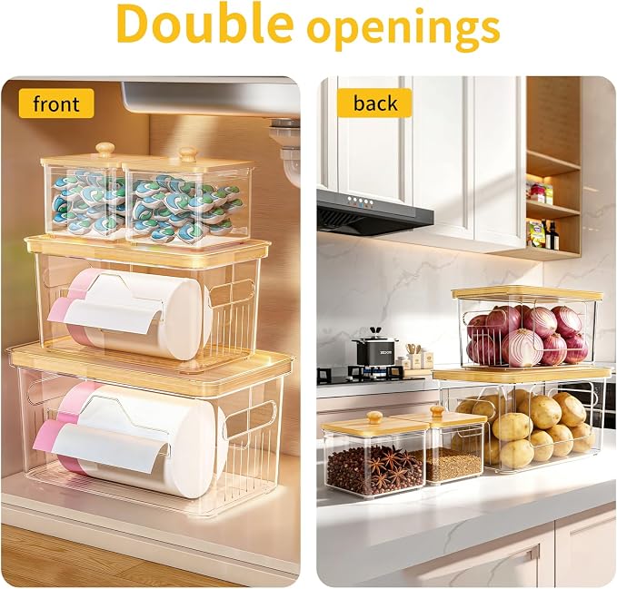 4 Pack Trash Bag Holder with Bamboo Lid, Stackable Garbage Bag Dispenser Under Sink, Storage Organizer for Kitchen, Laundry, Pantry (S+S+M+L)