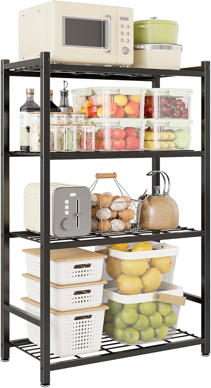Storage Shelves, 4-Tier Metal Shelving Unit with 120 lbs Per Shelf, Leveling Feet, Storage Rack for Garage, Kitchen, Pantry, Closet, 24" x 11.8" x 48", Black