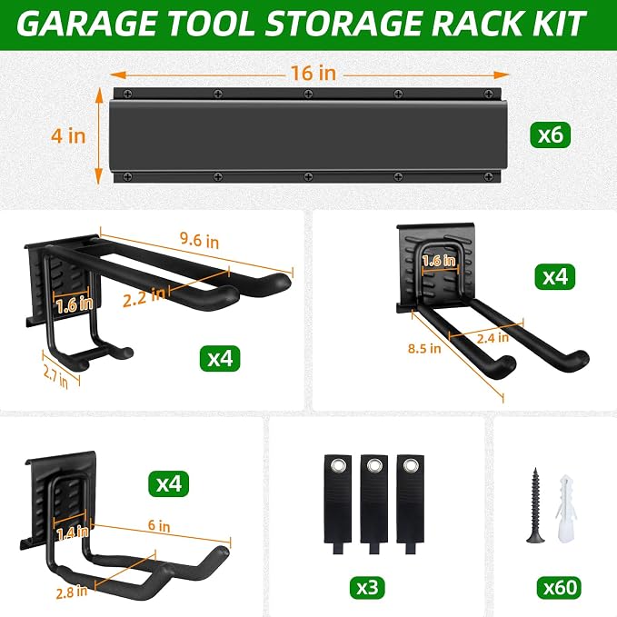 Garage Wall Organizer, 96 in Garden Tool Organizer with 12 Adjustable Hooks | 720 LBS Load, Wear & Tear Resistant, Soft Anti-Scratch Hook Sleeves, 3 Extra Storage Straps, For Garden Lawn & Shed Tools
