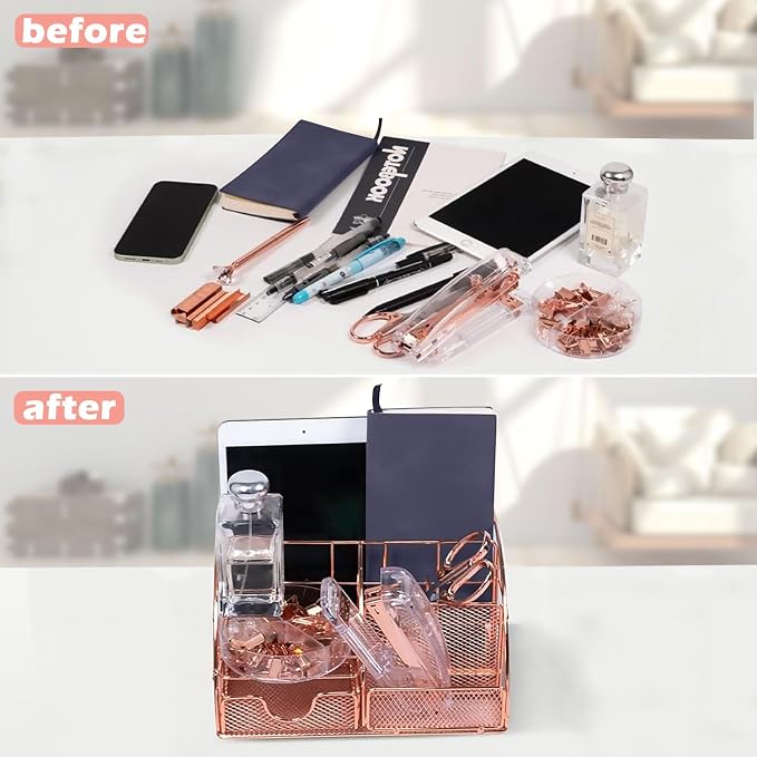 Rose Gold Desk Organizers and Accessories,Office Supplies Set,13PS Set with Acrylic Stapler,Tape Dispenser,Staple Remover,Pen Holder,Clips,Scissor, Phone Holder,Pen