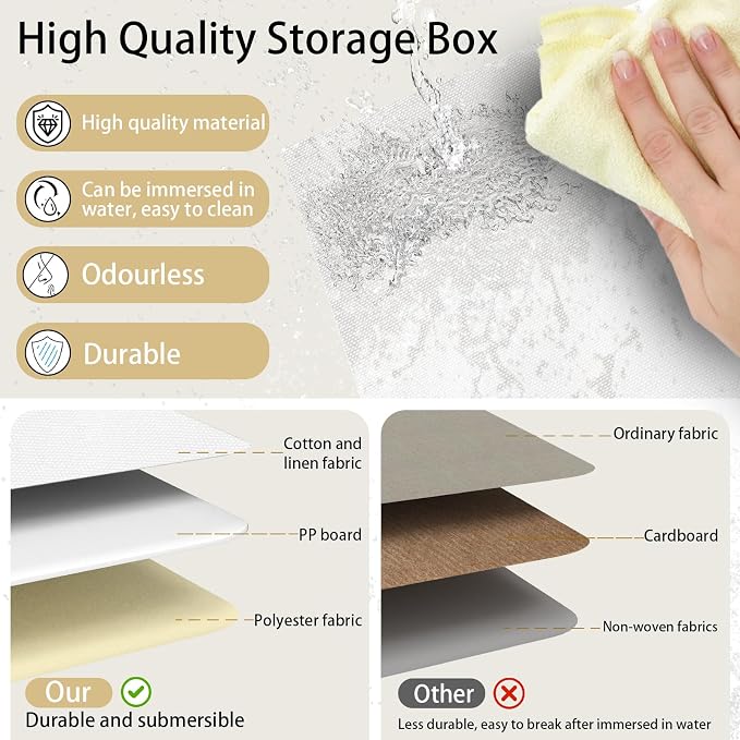 Yawinhe Storage Boxes, Set of 3 Fabric Crates, 13 x 23 x 20 cm, White | Fabric storage for the home; washable crate with handle; folding pang baskets; non-woven baskets for cupboards
