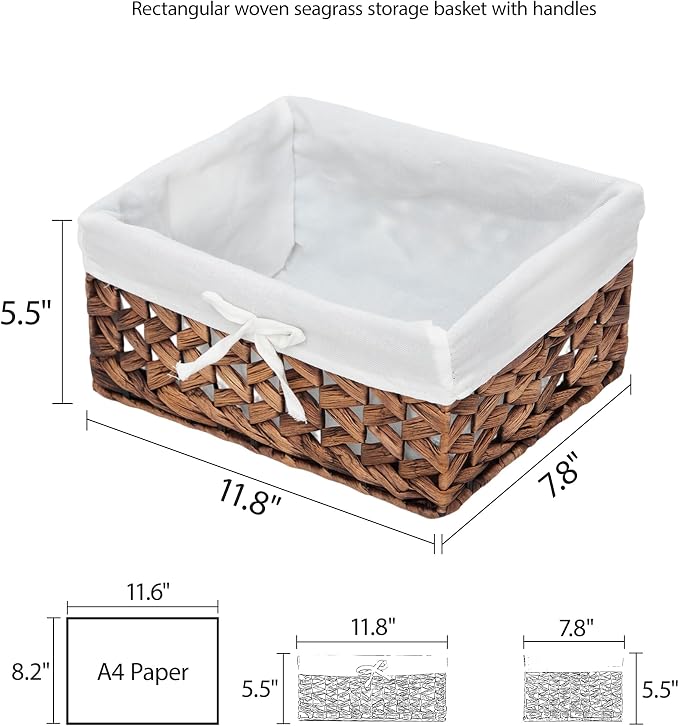 Water Hyacinth Storage Basket Small with Metal Frame & Removable Liner, 11.8”×7.9”×5.5” Rectangular Woven Organizer Bin for Bathroom Vanity, Desk, Nursery, Closet, Home Organization