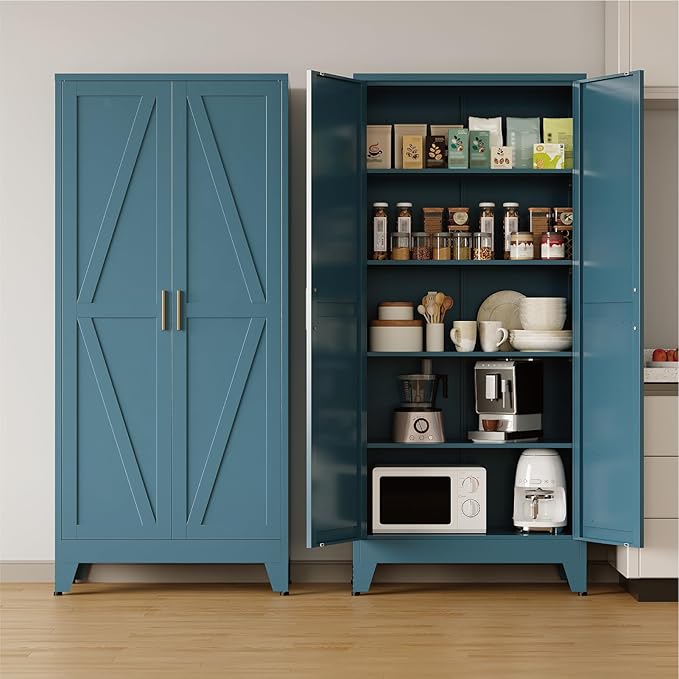COFaR Metal Pantry Cabinet with Doors, Farmhouse 71'' Tall Storage Cabinet with 4 Adjustable Shelves, Kitchen Pantry Cabinet for Dinning Room, Laundry, Peacock Blue 5-Tier