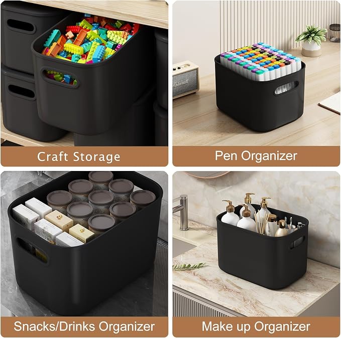 ORGIDOL 6 Pack Black Storage Bins with Lids Stackable Storage Container for Organizing, Black Storage Boxes with Handle for Shelves, Cute Organizer Bins for Craft, Snacks, 9.85x6.9x5.7 inch