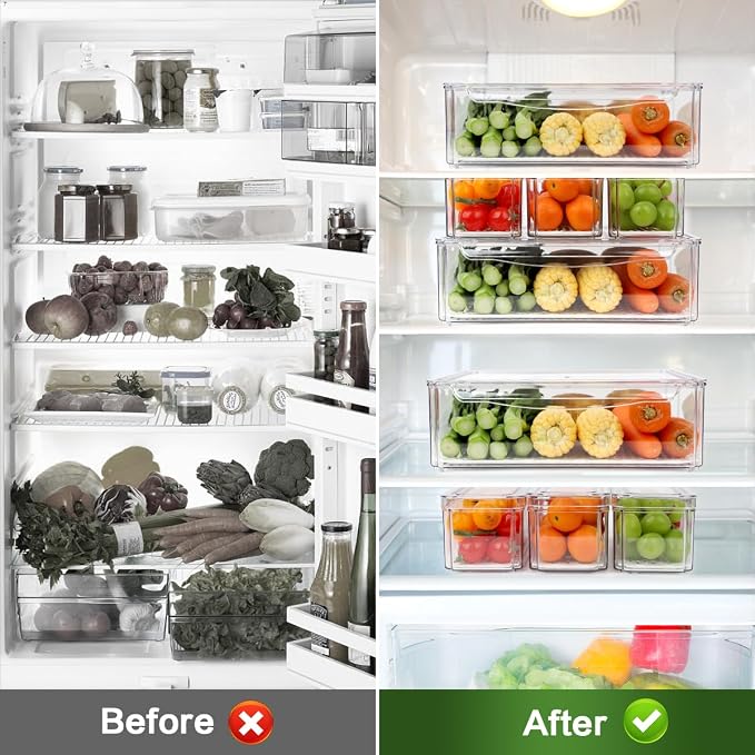 ZIJUND 4 Packs Fridge Organizers and Storage, Refrigerator Organizer Bins | Stackable BPA-Free Refrigerator Organizers and Storage Containers for Fruit, Vegetable, Food, Drinks, Cereals, Clear