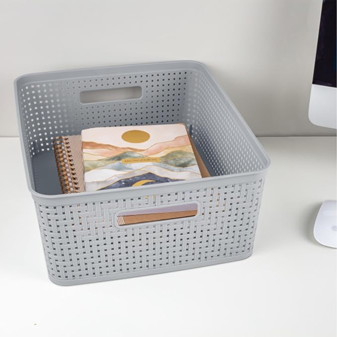 Sterilite 6-Pack Short Basket, Woven Plastic Storage Baskets for Organization, Cement - Organizing Bin Containers with Handles for Bedroom, Bathroom, Dorm, and Closet