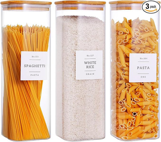 CZZGSM 3 Pack Square Kitchen Storage Jars with Airtight Bamboo Lids and 132 Pantry Labels - 80oz Glass Canisters with Wood Lids - Food Storage Containers for Spaghetti, Pasta, Fettuccine