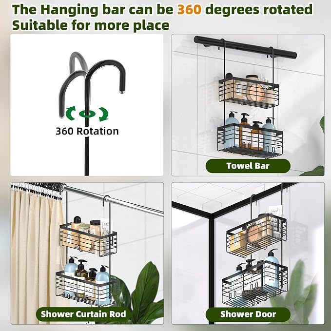 YUOROS 2 Tier Hanging Shower Caddy (Black) | Over the Door Shower Organizer Rack Organizer Stainless Steel Rustproof