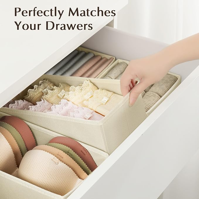 DIMJ Drawer Organiser System Drawer Organiser - Fabric Storage Box, Drawer Inserts for Wardrobes, Wardrobe Organiser for Clothes, Pack of 8, Beige Classic