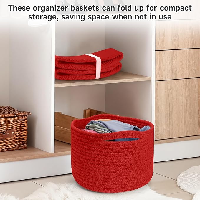 3 Pack Small Rope Storage Baskets, 9.82×9.82×7.1", Red | Cotton Basket for Gifts Empty, Cute Round Woven Basket, Decorative Shelf Basket Organizer, Organizing Basket for Shelves