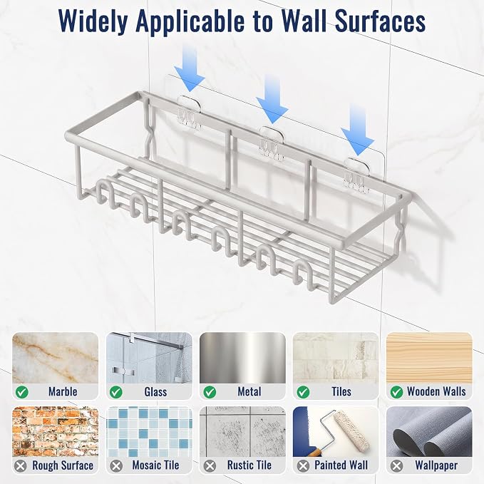 8 Pack Adhesive Rustproof Shower Caddy with Soap Dishes, Toothbrush Holder & Hooks, Large Capacity No-Drilling Shower Shelves Rack for Bathroom Organizers and Storage Accessories, Light Gray