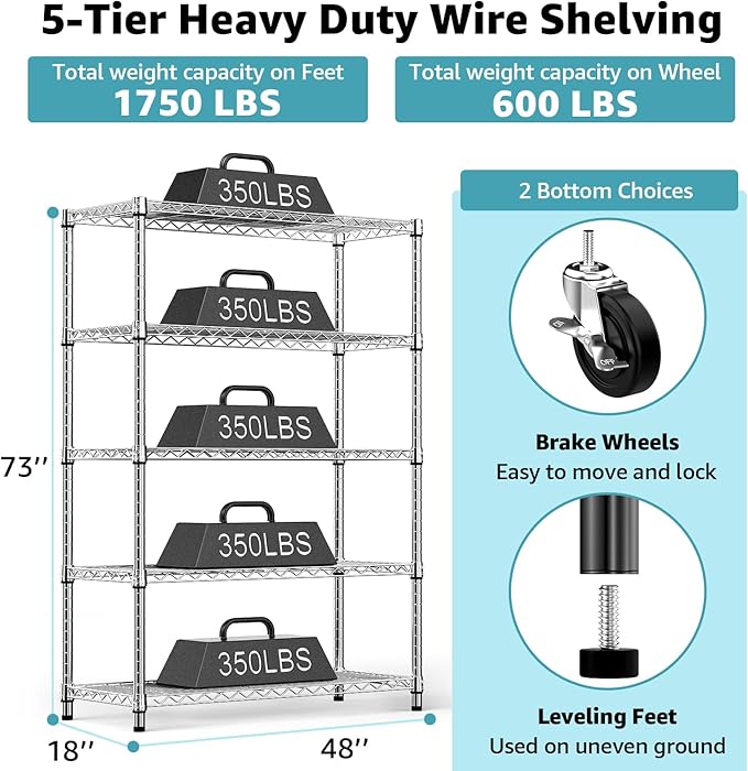 M MZG 5-Shelf Storage Shelves,Wire Shelving Heavy Duty Metal Storage Shelving Unit Adjustable Garage Shelving Rack Pantry Kitchen (Chrome, 5 Tier,17.7" D x 47.2" W x 76.7" H)
