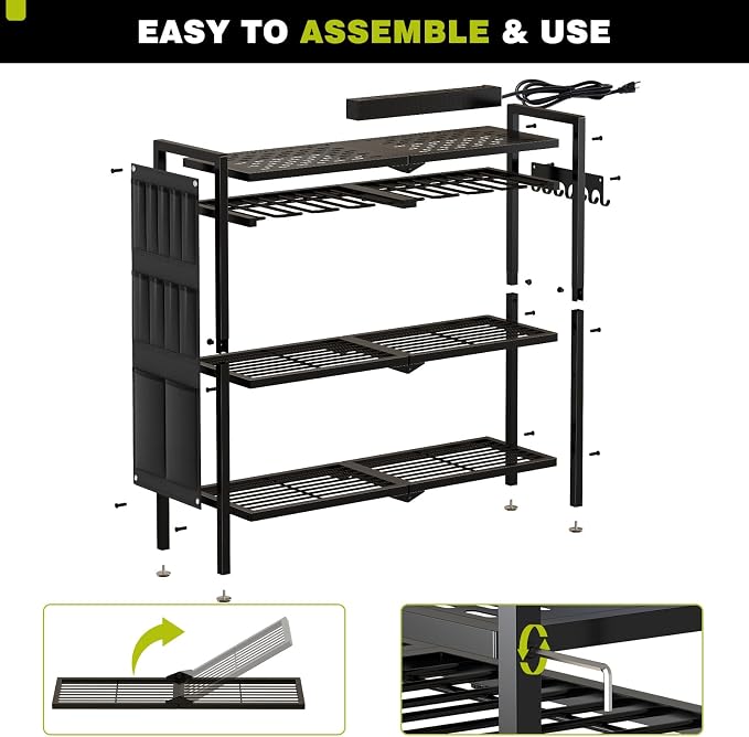 NattyDot Power Tool Organizer Cart with Charging Station, 8 Drills, Black | Freestanding Power Tool Cart Holds 8 Drills; Charging Station Powers Batteries while Sturdy Shelves Organize Garage Gear
