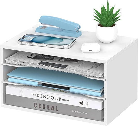 3-Tier Paper Organizer for Desk, Adjustable Mail Organizer, White | 3-Tier Paper Organizer and Mail Organizer for Desk with Adjustable Shelves for Letter Size Files Folders and Office Supplies