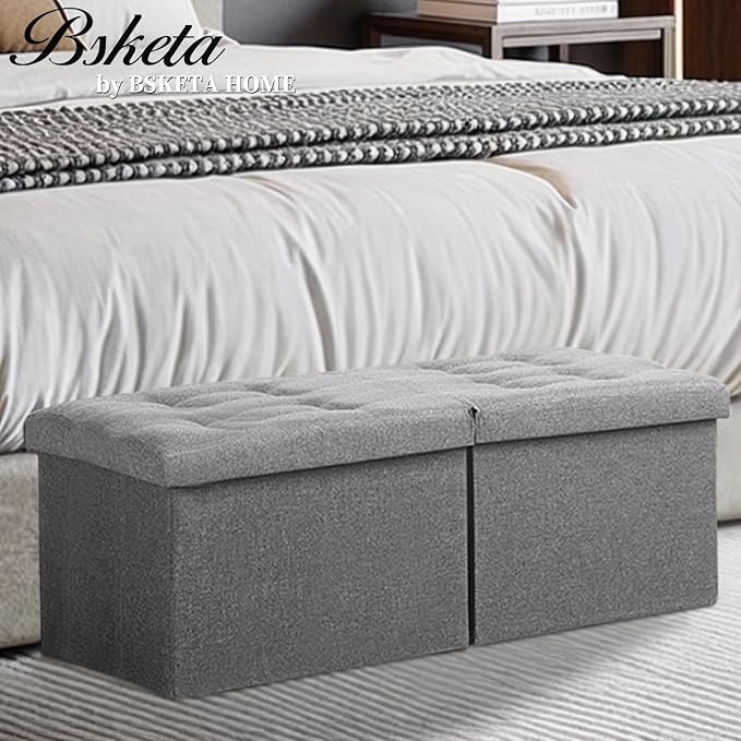 Bsketa Storage Ottoman Bench, 34" Folding Linen Foot Rest Stool, Dark Gray | Large Ottoman with Storage, Thicker Foam Padded Seat, Livingroom, Dorm, Bedroom, Easy to install, 86L,34 x 13 x 13in