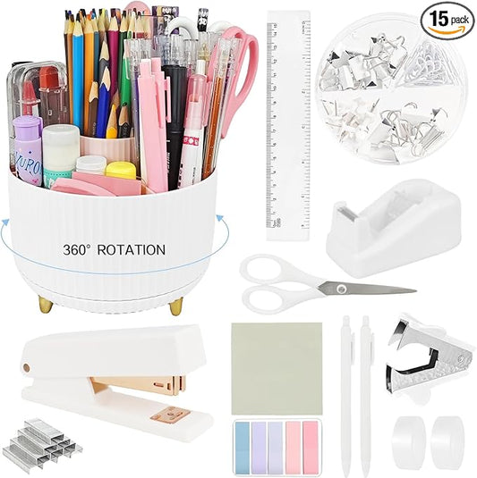 Ovatt White Desk Organizer Set - 15-Piece Office Supplies with 360° Rotating Pen Holder, Stapler, Tape Dispenser & Clips for Home Office