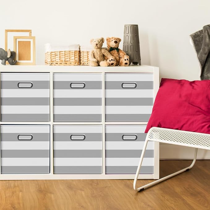 CroBlissful 11 Inch 6 Pack Fabric Storage Cubes with Metal Handles, Back to School Collapsible Organizer Bins for Classroom, Closet, Student Room, Toys and School Supplies (Grey and White)