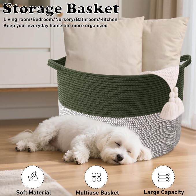 65L Large Blanket Basket,Woven Rope Laundry Basket-Green&White | Collapsible, reinforced handles, nursery storage bin organizes clothes, toys and pillows for living room, bedroom bathroom