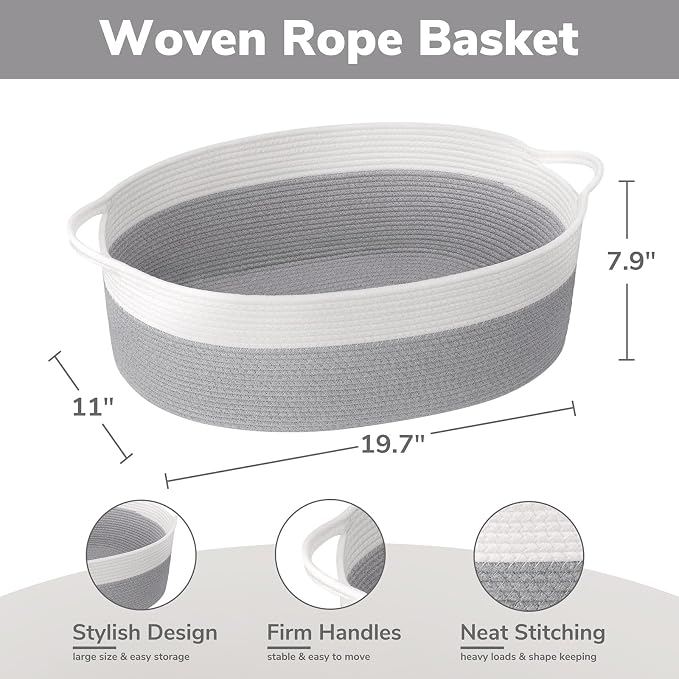 Goodpick Large Woven Rope Basket for Gifts Empty, 19.7"x 11"x 7.9", Grey | Storage Basket with Handles for Nursery Living Room, Perfect for Blankets, Pillows & Towels, Toys Storage