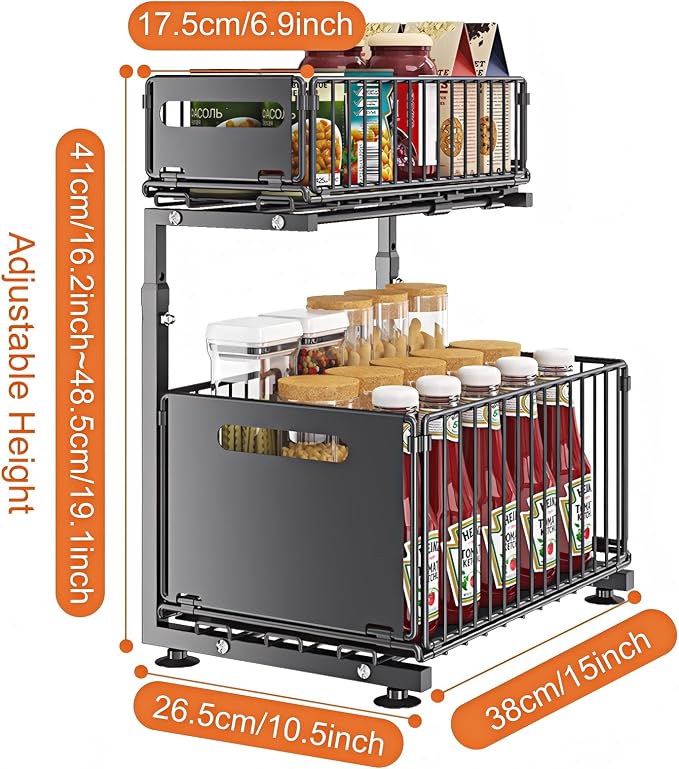 Under Sink Organizer, 2-Tier Multi-Use Kitchen and Bathroom Organizers and Storage, Slide Out Thickened Metal Under The Sink Organizer for Kitchen Bathroom Pantry (Style B Black, 1 Pack)