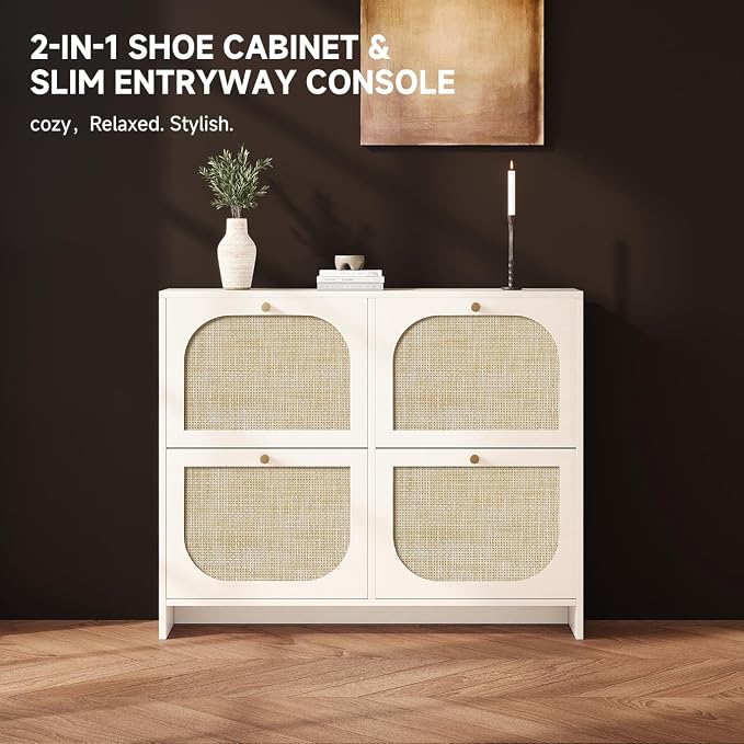 Nicetree Rattan Shoe Cabinet for Entryway, 9.5" Ultra-Thin Narrow Shoe Rack with 4 Flip Drawers, Boho Slim Shoe Storage Organizer with Adjustable Shelves, Anti-Tip Safety, Fits Size 13 Men's Boots