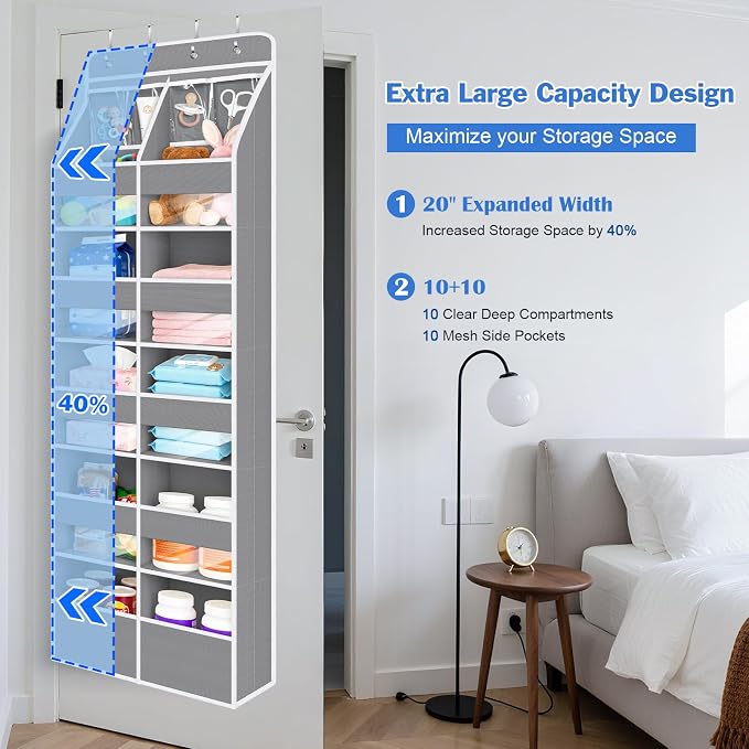Univivi Upgraded Over the Door Organizer for Baby Nursery, Grey, 6-Shelf | Fabric Door Organizer with Clear Window Deep Pockets, Over Door Hanging Organizer for Baby Essential, Bedroom, and Dorm