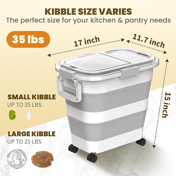 HOYTAMDA 25-35Lbs Rice Container,Collapsible Food Storage Container Wheels | Rice Storage Container with Transparent Airtight Lid,Handle,Small Bin&Scoop,Rice Dispenser for Flour Sugar Grain Dog Cat