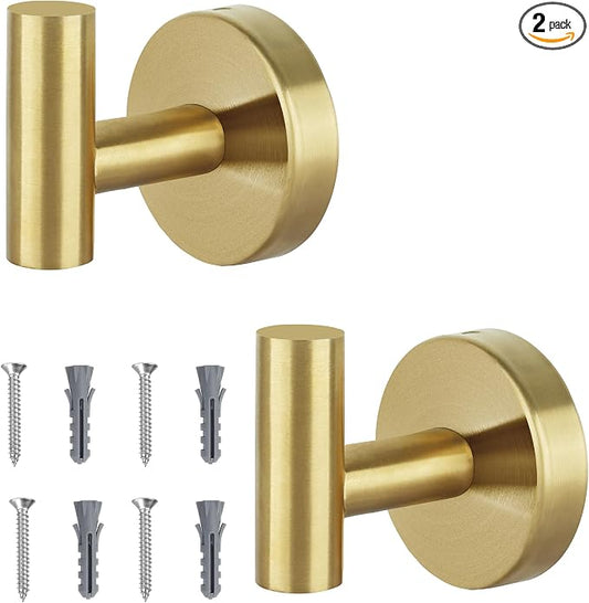 Towel Hooks for Bathroom 2 Packs Screw- in Gold Wall Mount Towel Holder Towel Rack, Heavy Duty Robe Coat Loofah Hooks for Shower, Kitchen,Hotel, Pool Tile, Brick Modern Style Decor Wall Hooks