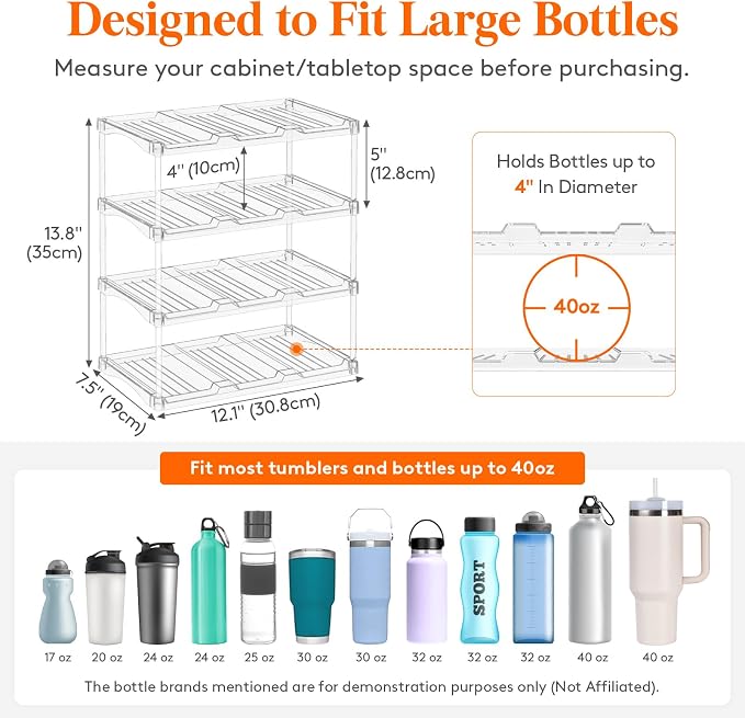 Lifewit Stackable Bottle Storage Organizer, Clear Freestanding Wine Holder for Cabinet, Large Slot Water Bottle Tumbler Cup Organizer for Pantry, Plastic Wine Rack for Fridge Cellar, 4Tier Hold 12