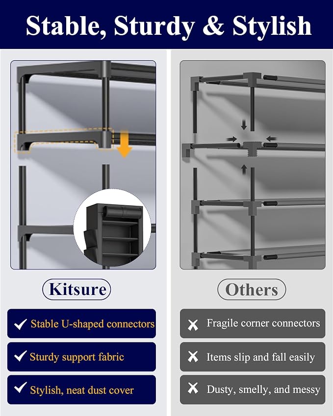 Kitsure 10-Tier Shoe Rack with Cover, Vertical Shelf, 17.5" Wide, Black | Space Saving Shoe Storage with Side Pocket, Shoe Organizer for Closet, Entryway, Bedroom, Zapateras Organizer