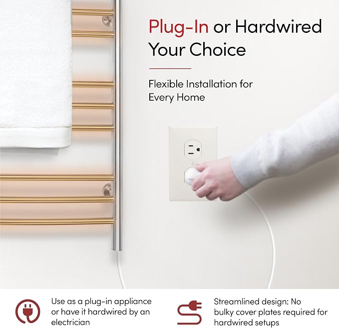 WarmlyYours Riviera Heated Towel Rack, 9 Bars, Polished Gold | Wall-mounted electric towel warmer, 150W, heated bars, dual connection for hardwired or plug-in installation