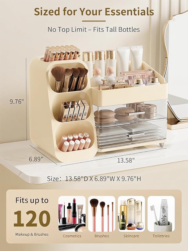 Booklov Large Makeup Organizer for Vanity Countertop, Cream | Clear Acrylic Cosmetic Display Case, Beauty Brush Holder for Bathroom Counter, Make Up Skincare Lipsticks Storage