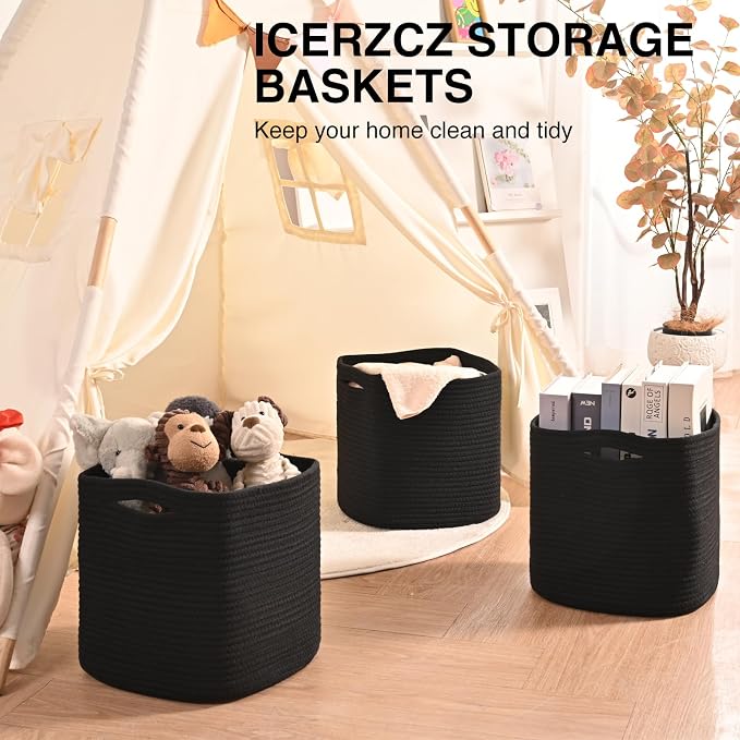 ICERZCZ 11 Inch Cube Storage Bins, Storage Cube Organizer Bins, Woven Cotton Rope Basket for Storage, Storage Baskets for Organizing Shelves, Square Baskets for Toys, Black (Pack of 3)