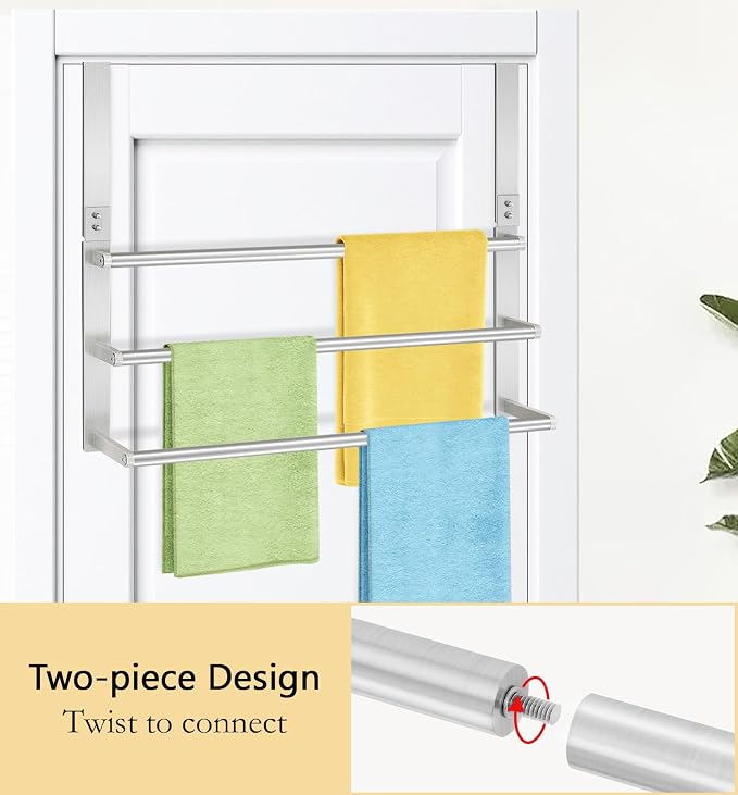 24Inch Brushed Nickel Over the Door Towel Rack, VOTZAAQ Stainless Steel Over Door Towel Holder, Door Towel Hanger with 3 Tier Towel Bars, Over Door Towel Storage for Bathroom