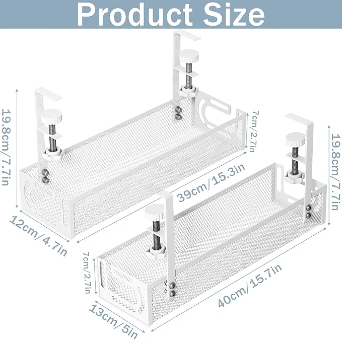 Cable Management, 2 Pack Cable Management Under Desk, Cable Tray | No Drill Under Desk Cable Management Tray, Cord Organizer with Clamp for Standing Desk, Desk Organizer for Home Office